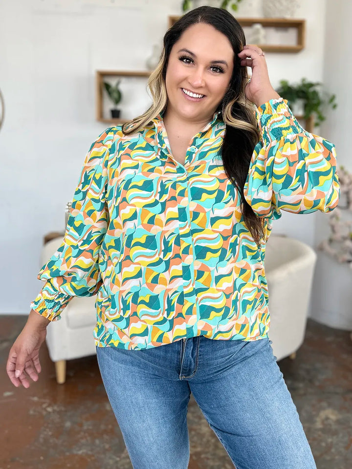 Abstract print smocked balloon sleeve blouse