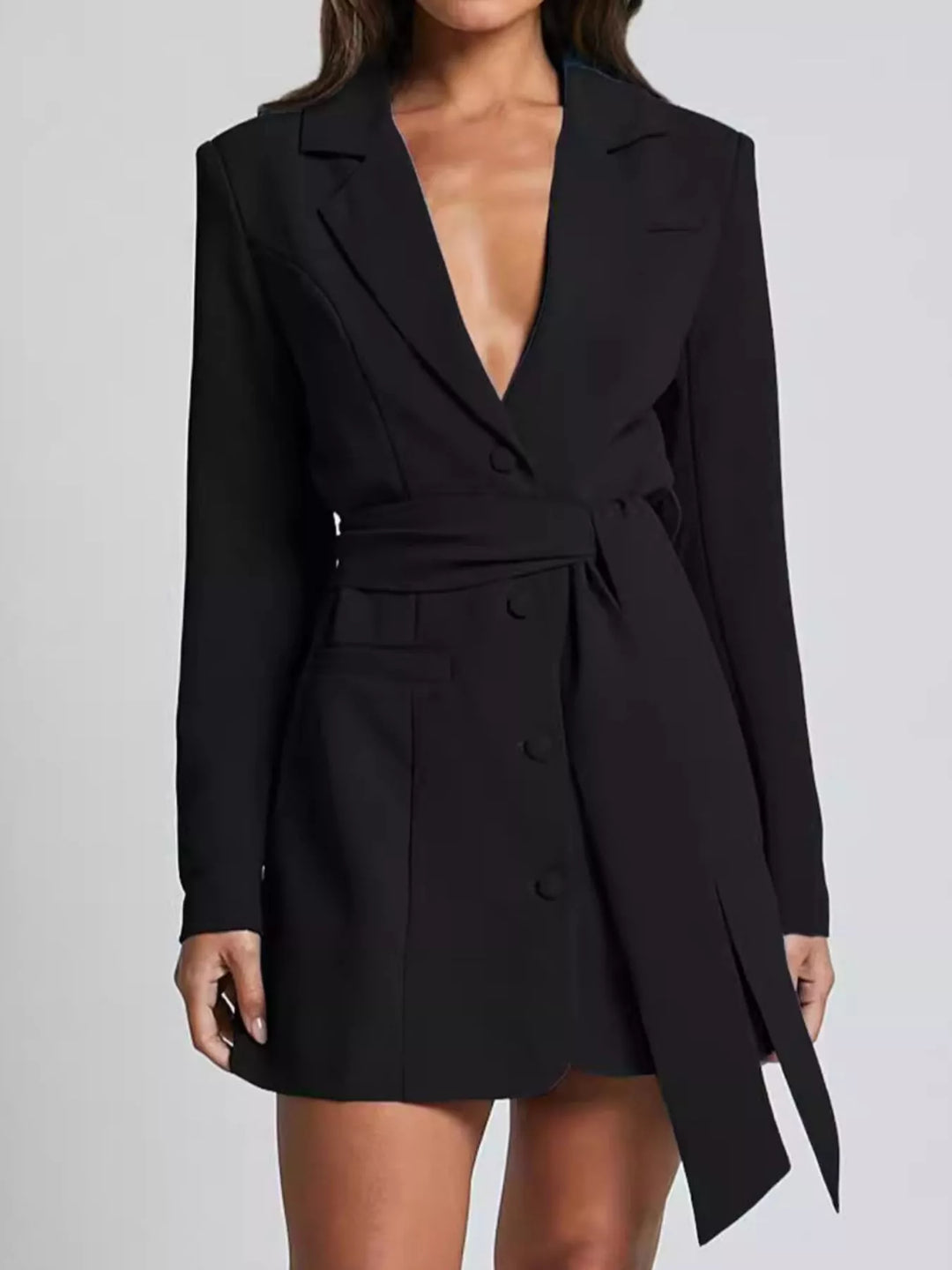 Tie-waist blazer dress with notch lapel and side slit