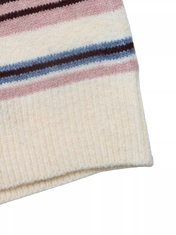 Striped knit polo collar sweater with ribbed trim