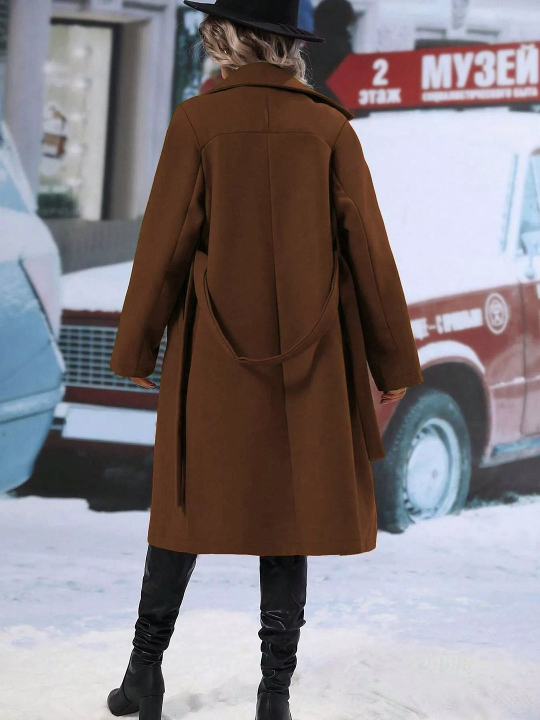 Double-breasted belted longline overcoat with lapel collar