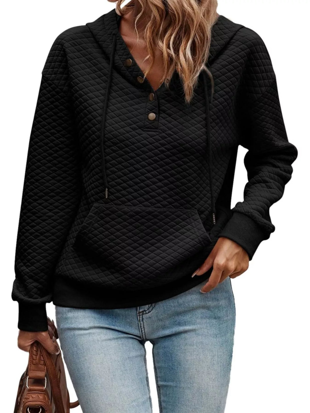 Black Diamond-textured drawstring pullover hoodie with button placket