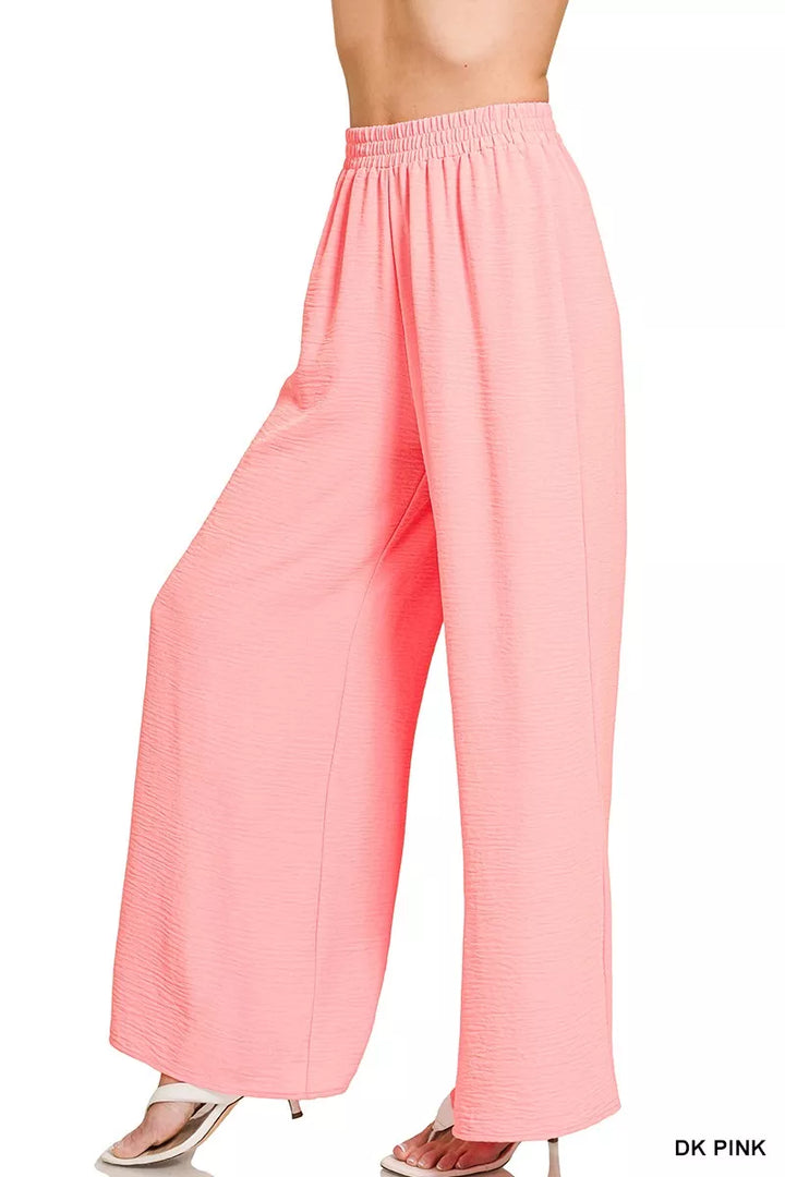Lightweight woven wide-leg pants with elastic drawstring waist
