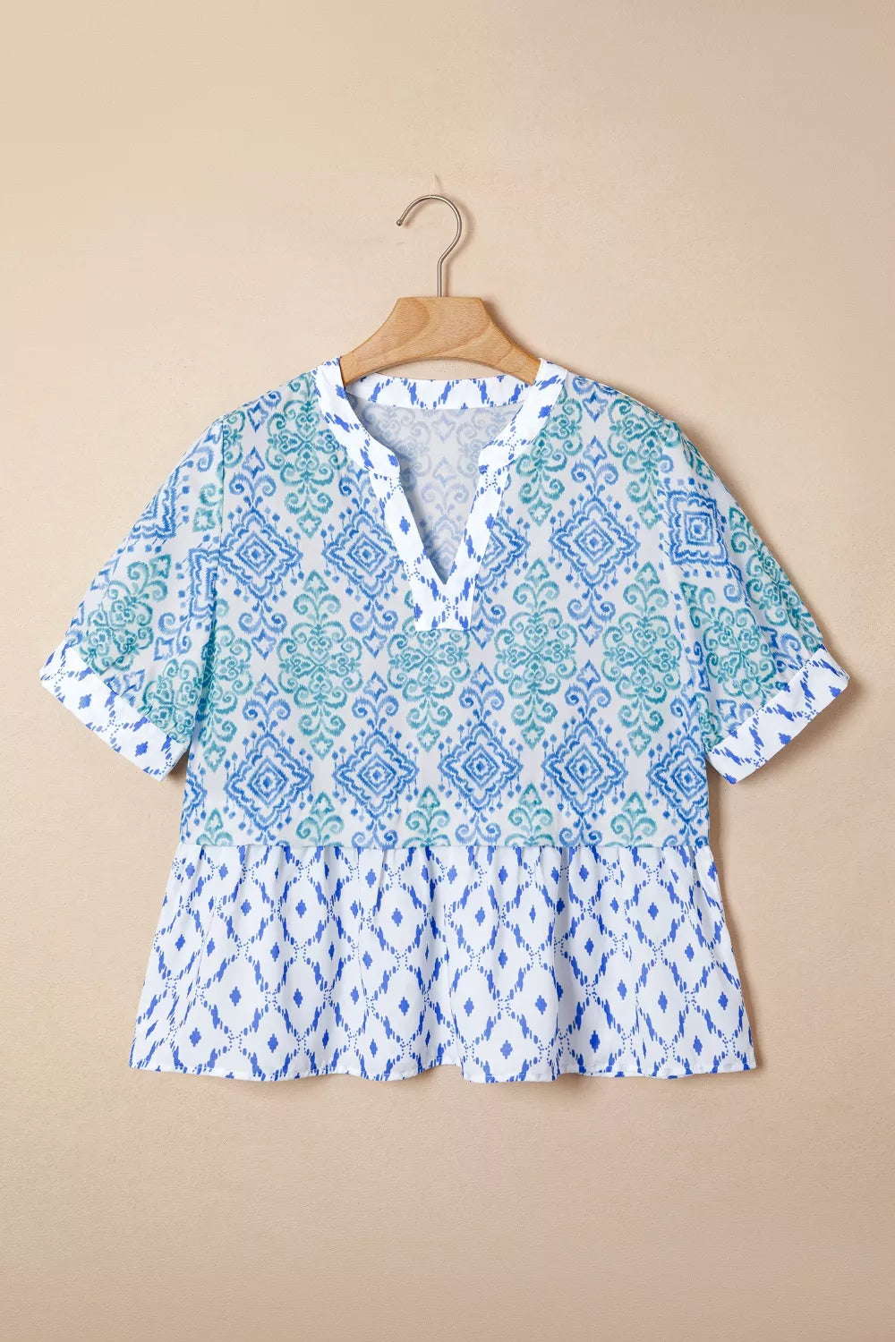 Mixed print patchwork babydoll blouse with split neck