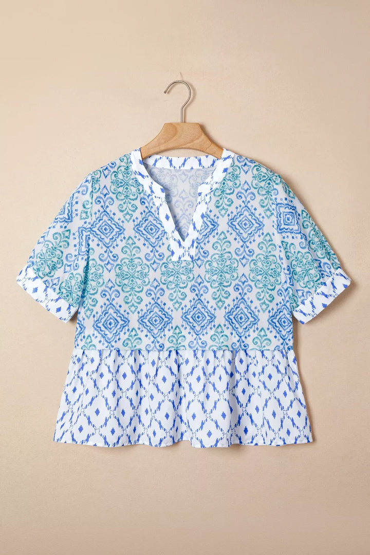Mixed print patchwork babydoll blouse with split neck