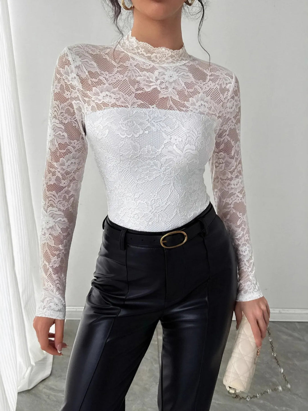 Sheer floral lace mock neck long sleeve top