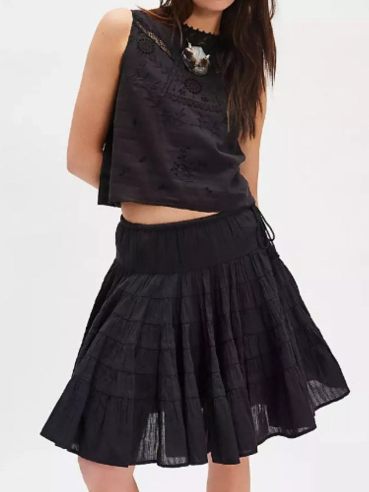 Black Tiered ruffle mini skirt with drawstring waist