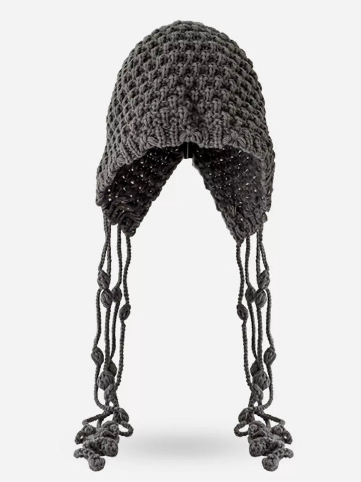 Dark Gray Chunky knit earflap beanie with braided tassel ties