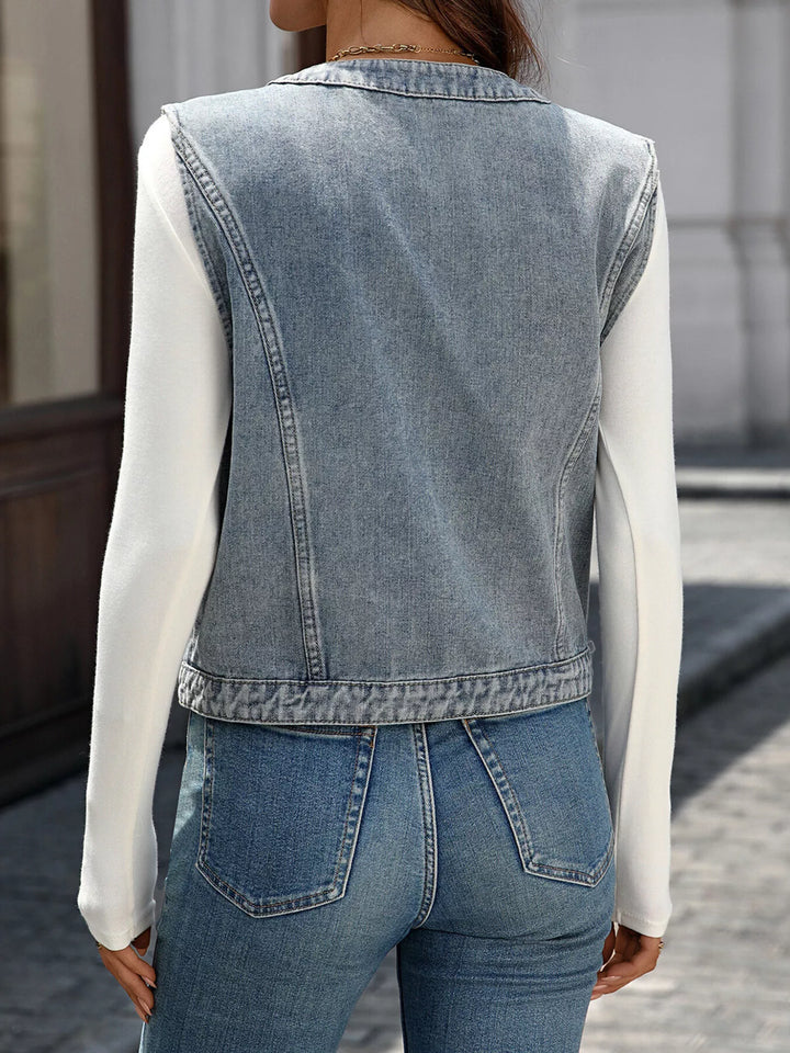 Cropped button-down denim vest with patch pockets