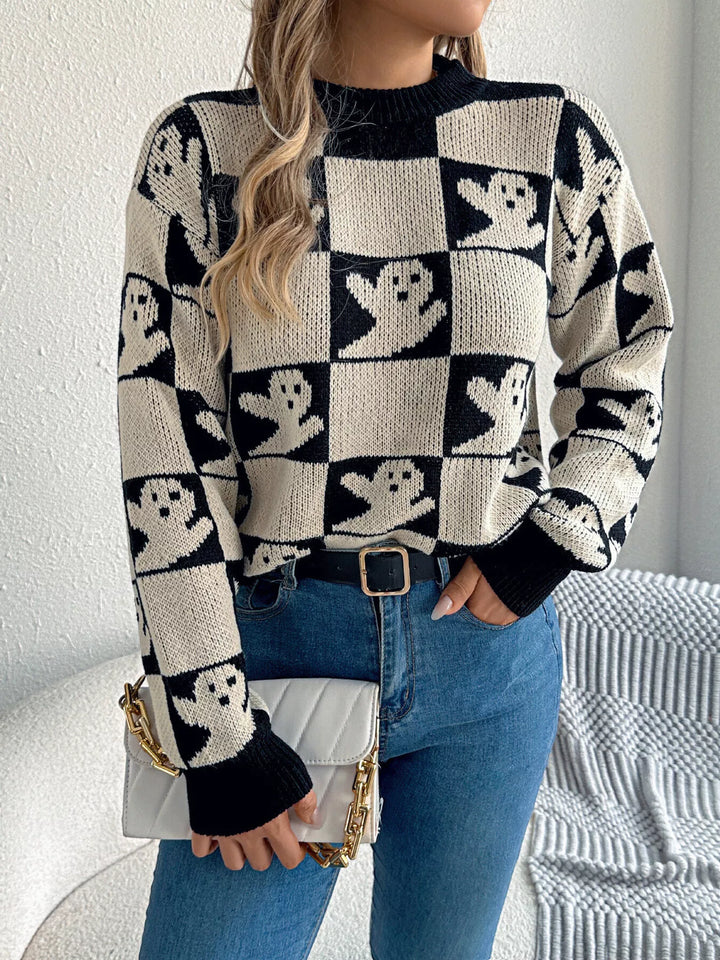 Apricot Checkered ghost print crew neck sweater with ribbed cuffs