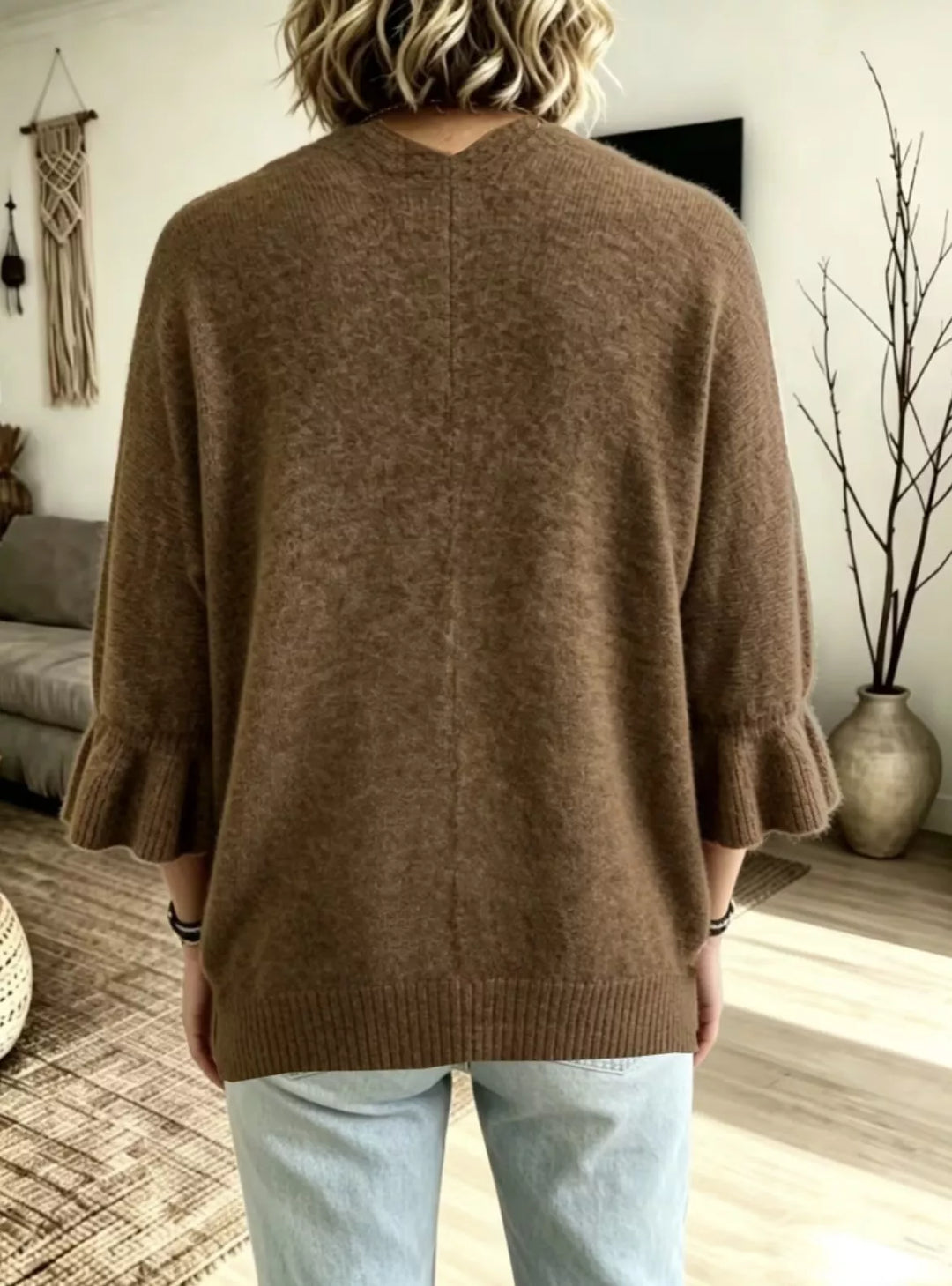Ruffle bell sleeve open-front knit cardigan