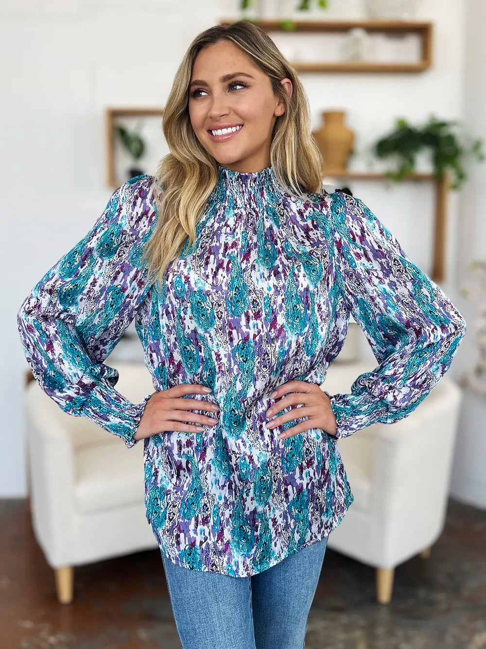 Printed smocked frill mock neck long sleeve blouse