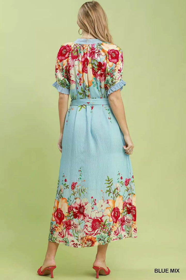 Mixed floral border print midi dress with tie belt