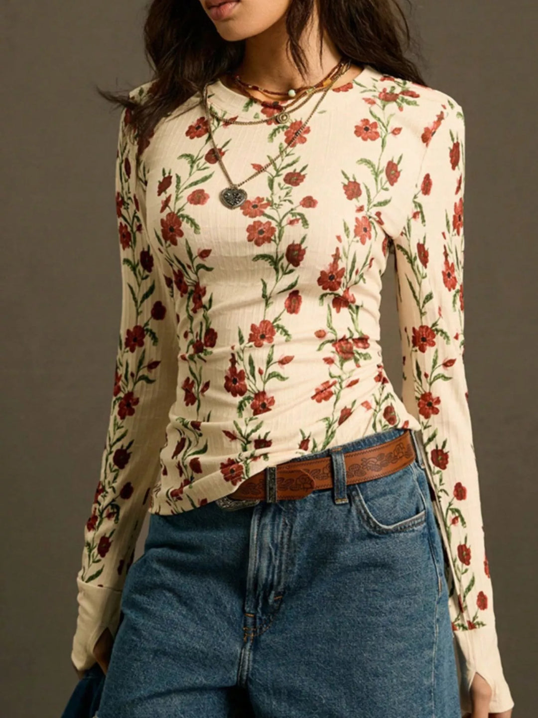 Ribbed floral long sleeve crew neck top with thumbhole cuffs