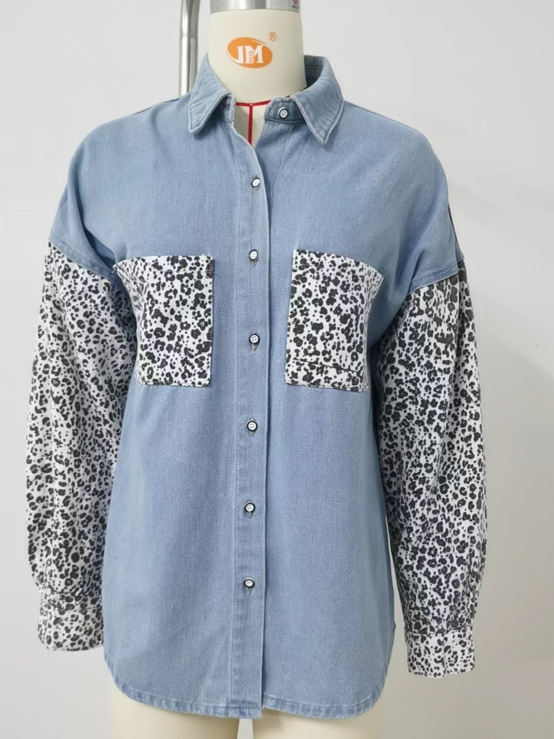 Leopard patchwork button-up denim shirt
