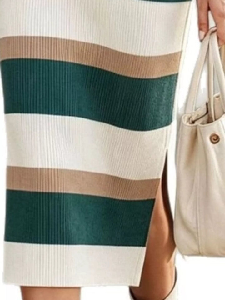 Striped ribbed knit polo collar midi sweater dress