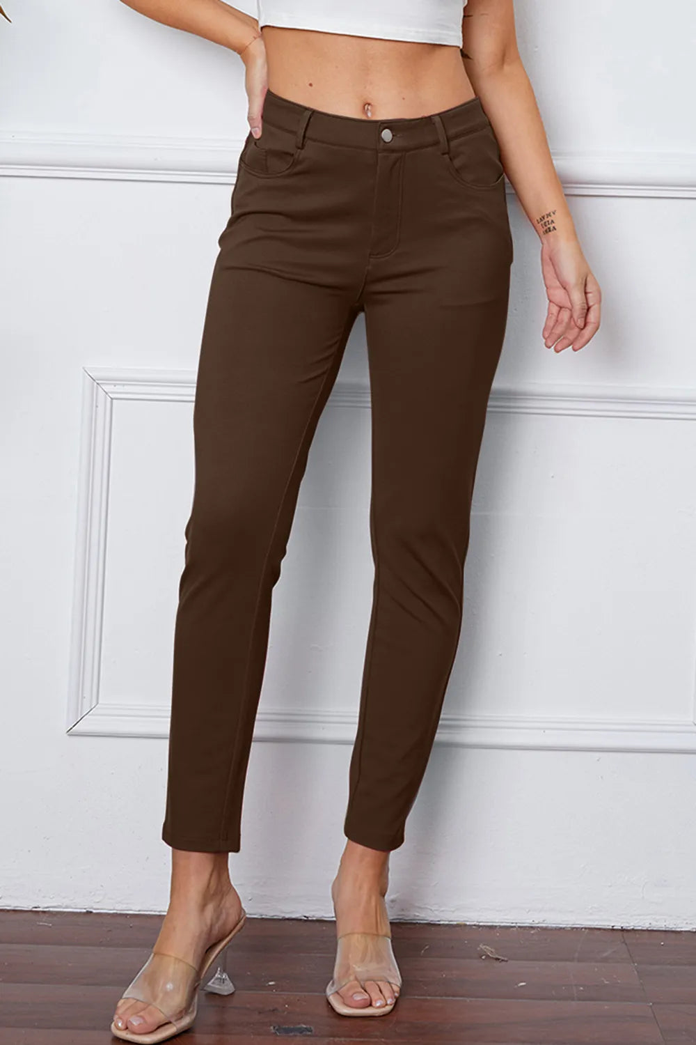 Slim-fit stretch ankle pants with five-pocket styling