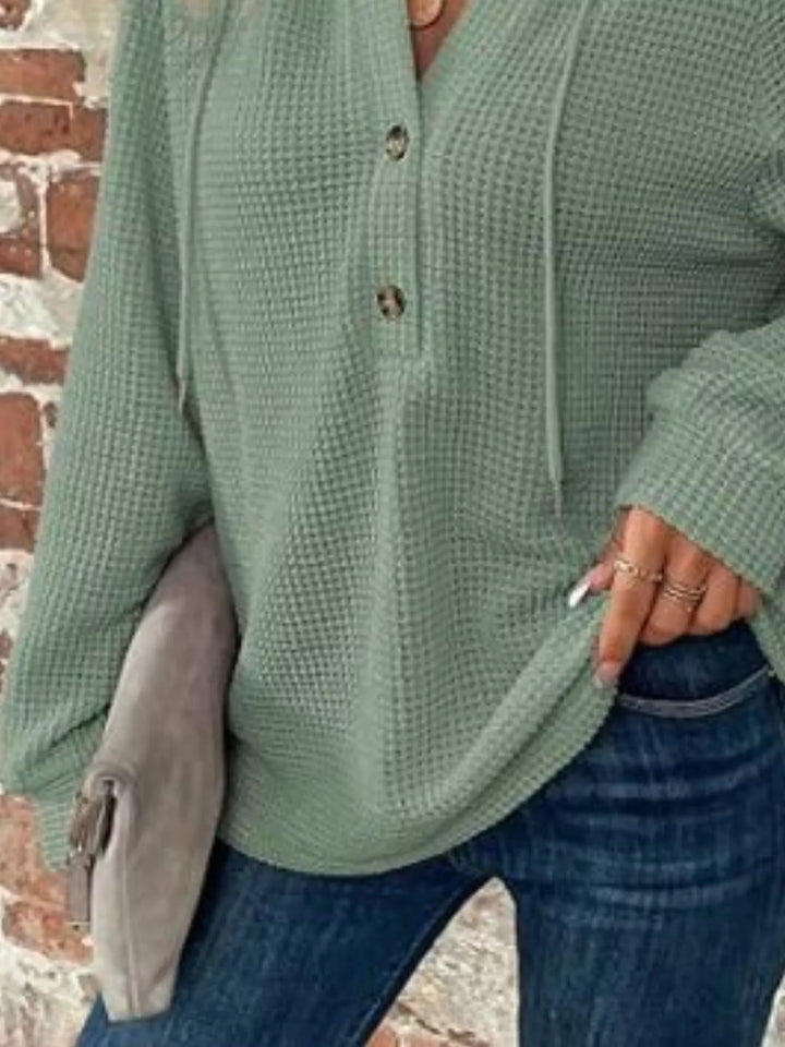 Waffle knit button-front hoodie with drawstring hood