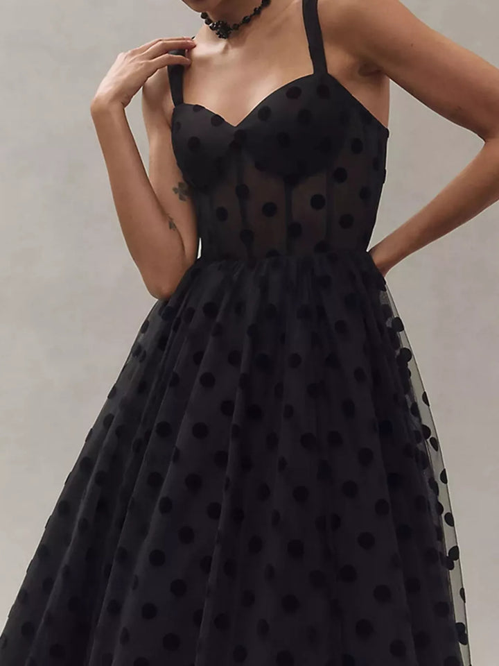Polka dot tulle midi dress with sweetheart neckline