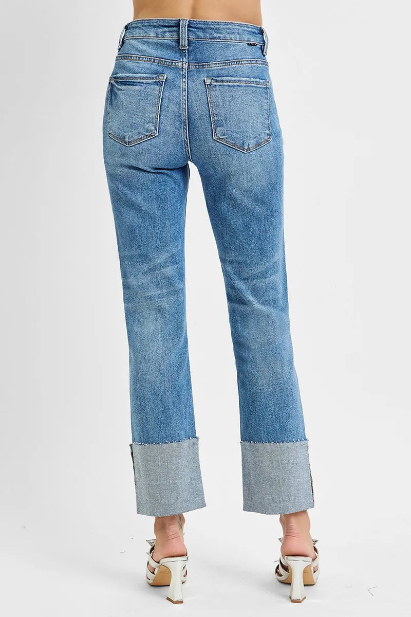 Distressed high-rise straight-leg jeans with wide cuff