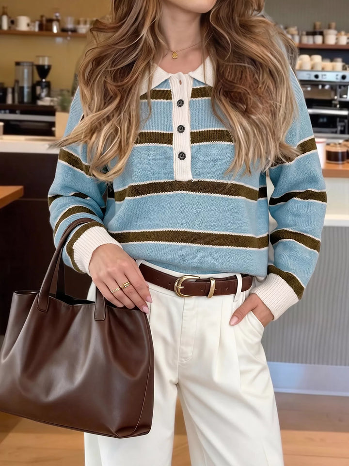 Blue Striped knit polo collar sweater with button placket