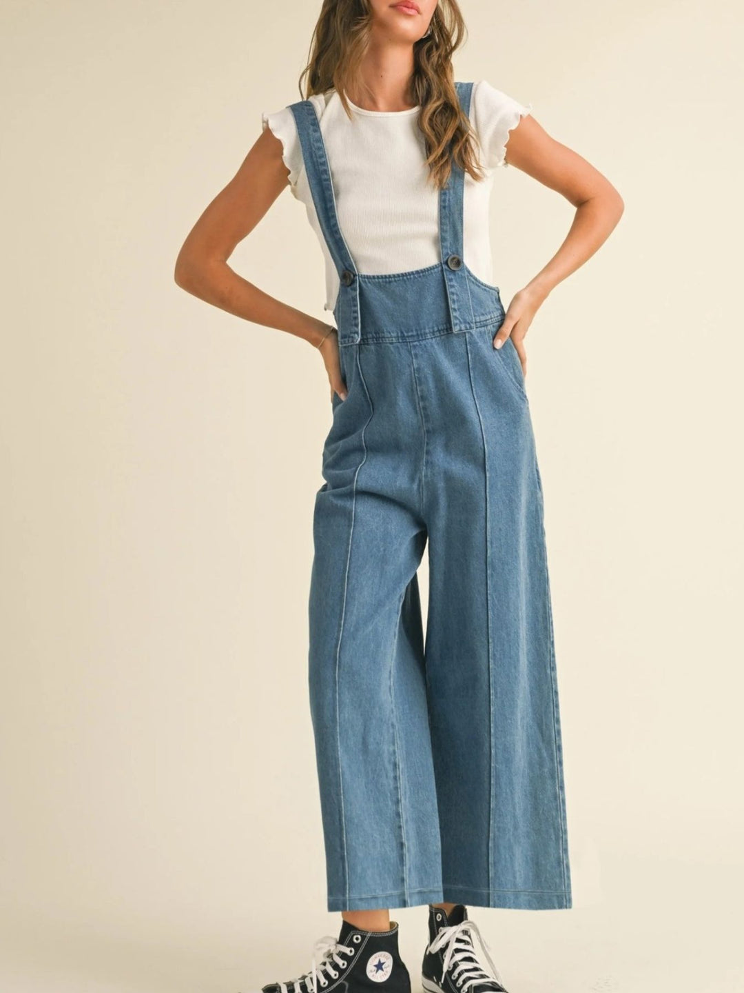 Medium Vintage wide-leg cropped denim overalls with pockets