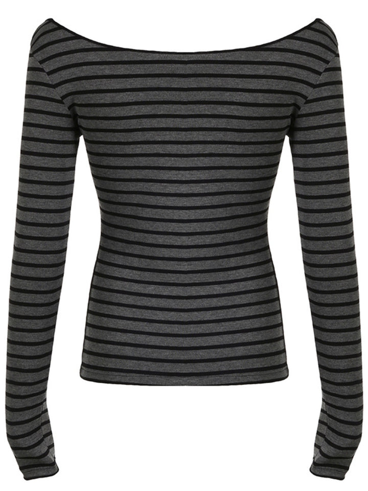 Fitted striped boat neck long sleeve top