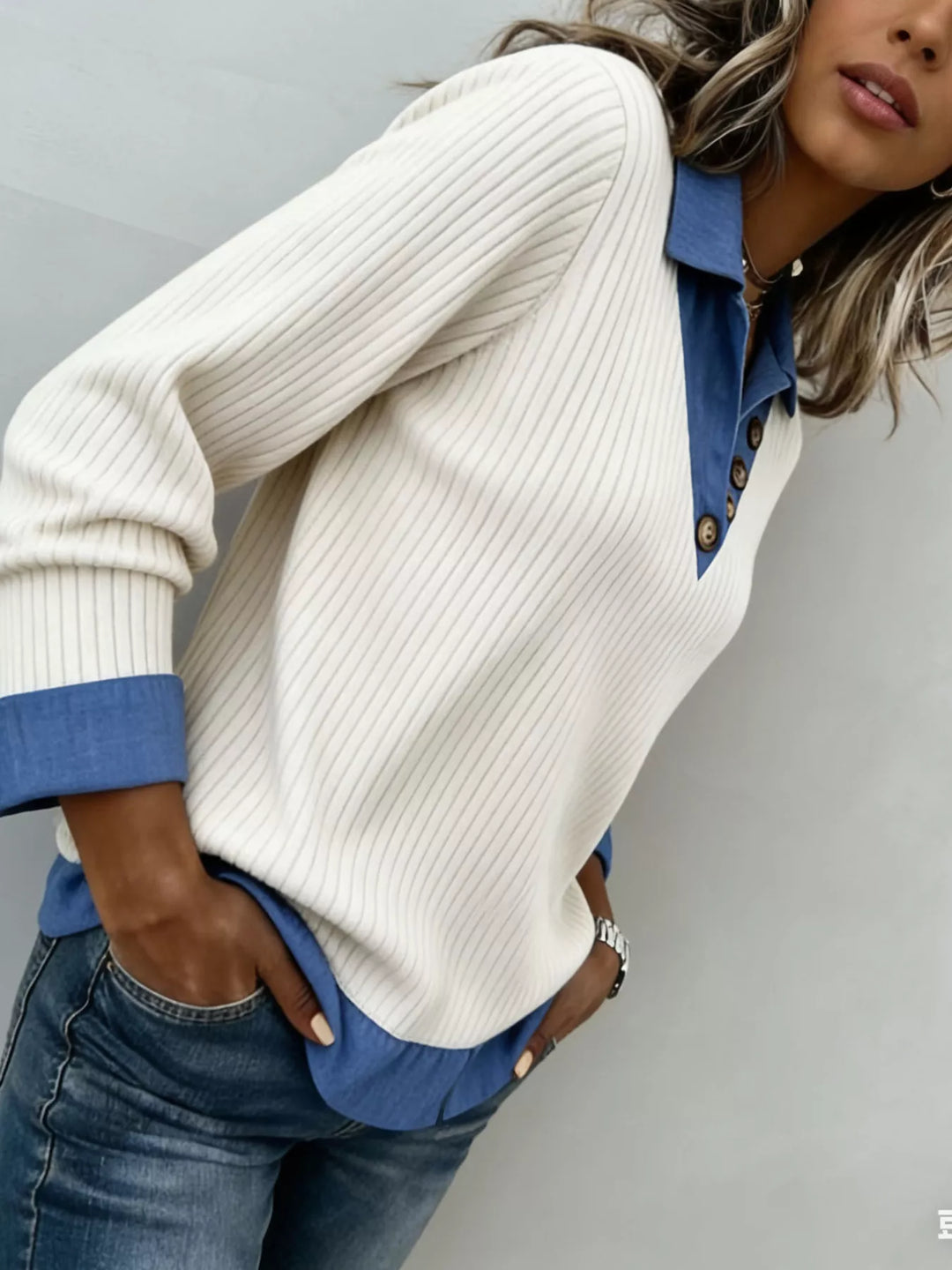 Ribbed knit collared top with contrast denim trim