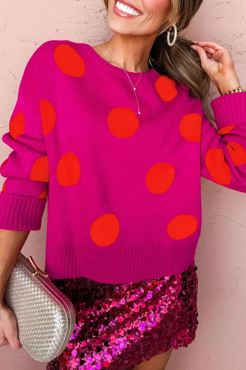 Polka dot drop shoulder crew neck sweater