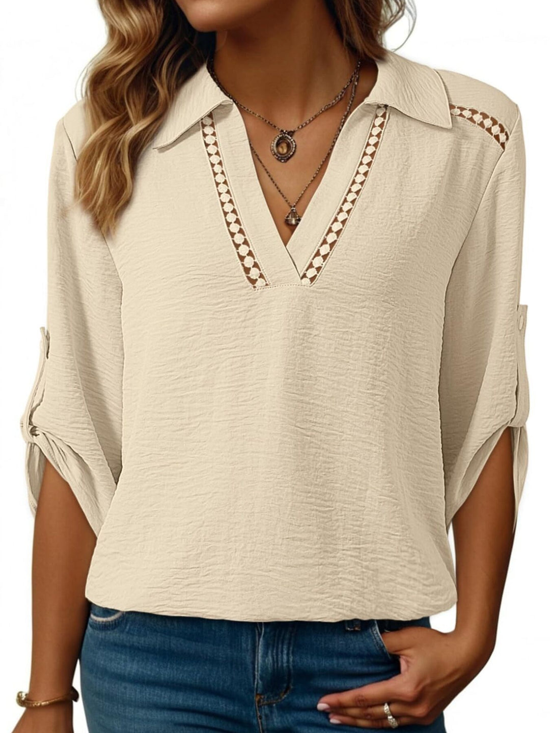 Johnny collar blouse with crochet lace trim and roll-tab sleeves