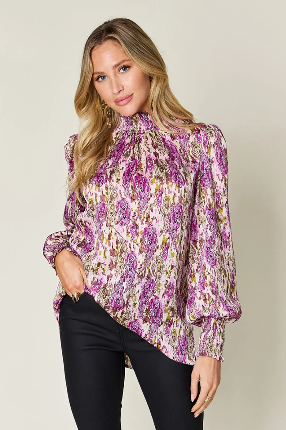 Red-Violet Printed smocked frill mock neck long sleeve blouse