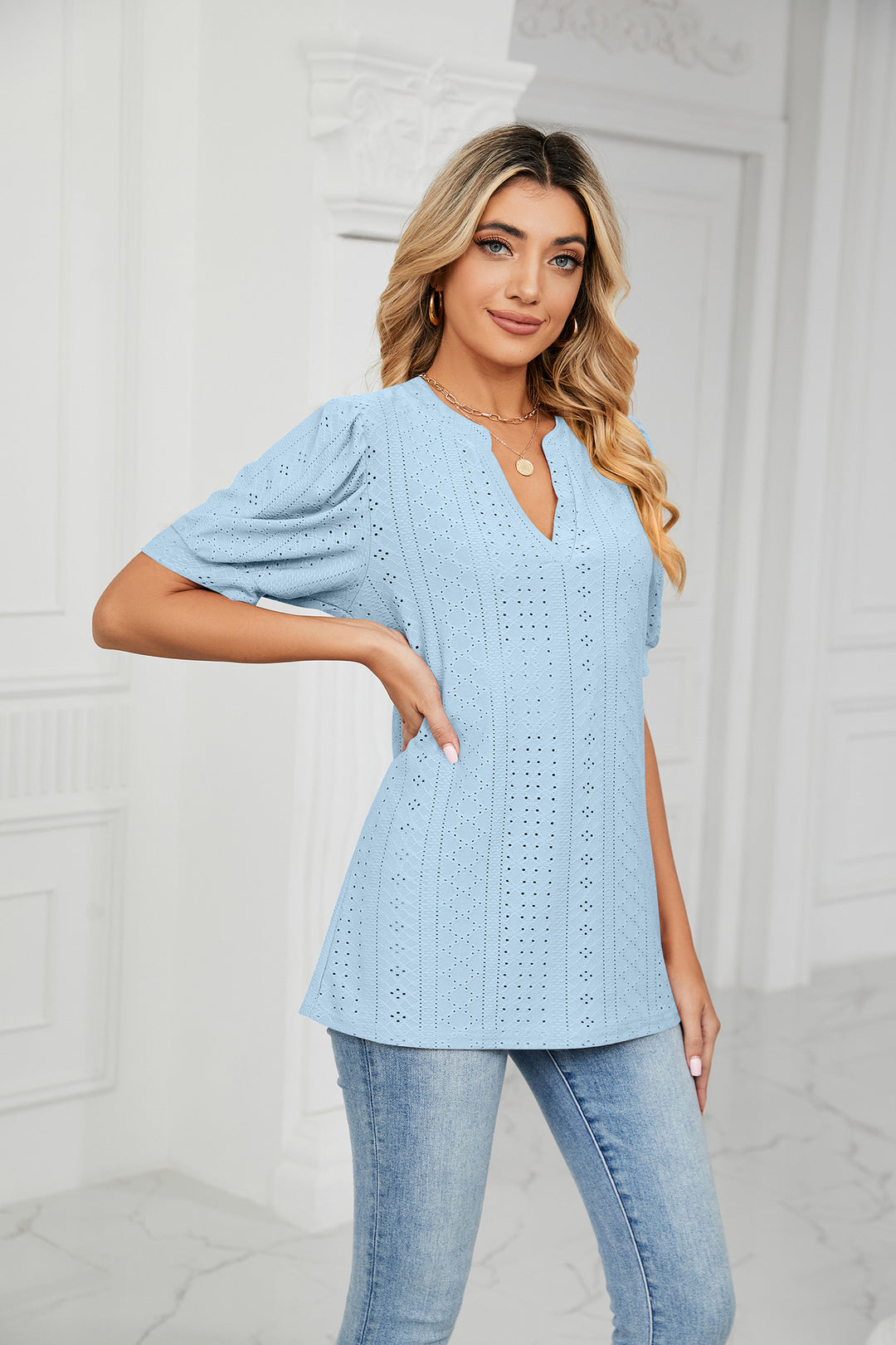 Blue Eyelet puff sleeve top with notched V-neck
