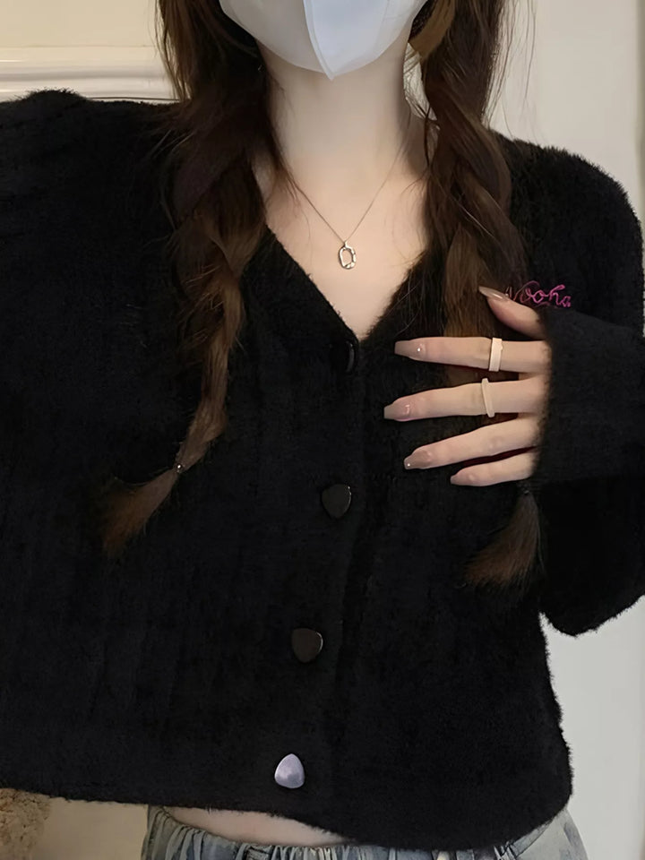 Black Fuzzy brushed knit button-up cropped cardigan