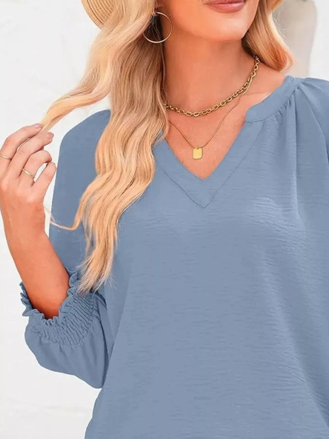 Openwork lace trim blouse with smocked cuffs and split neck