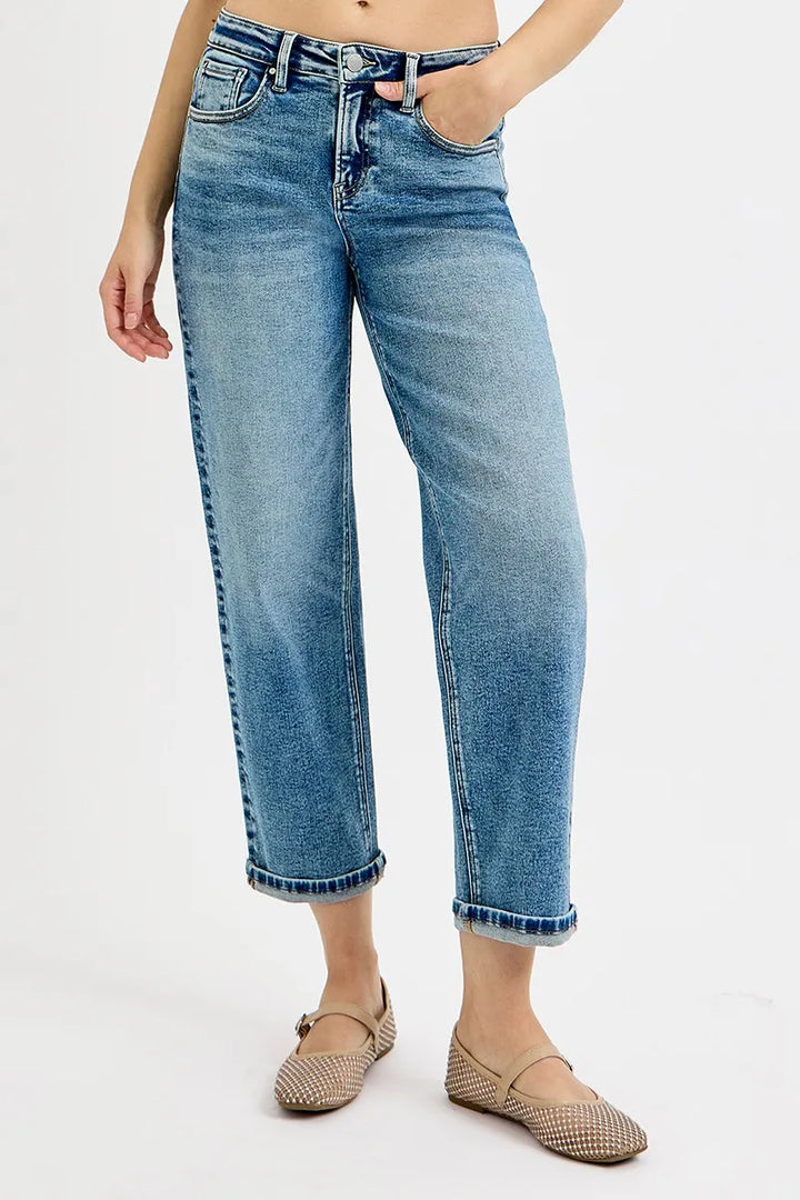 High-rise cropped boyfriend jeans with cuffed hem