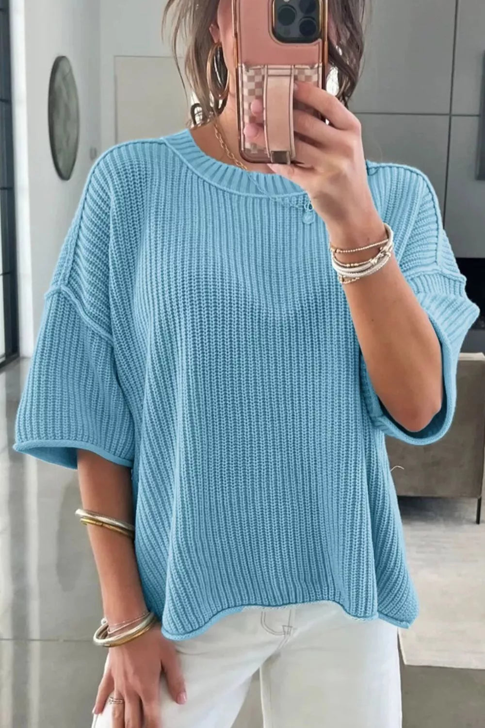 Boxy ribbed knit half-sleeve crew neck sweater