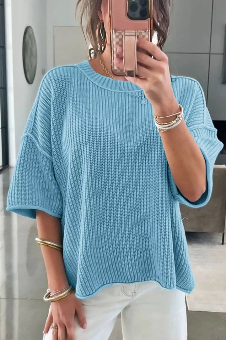 Boxy ribbed knit half-sleeve crew neck sweater