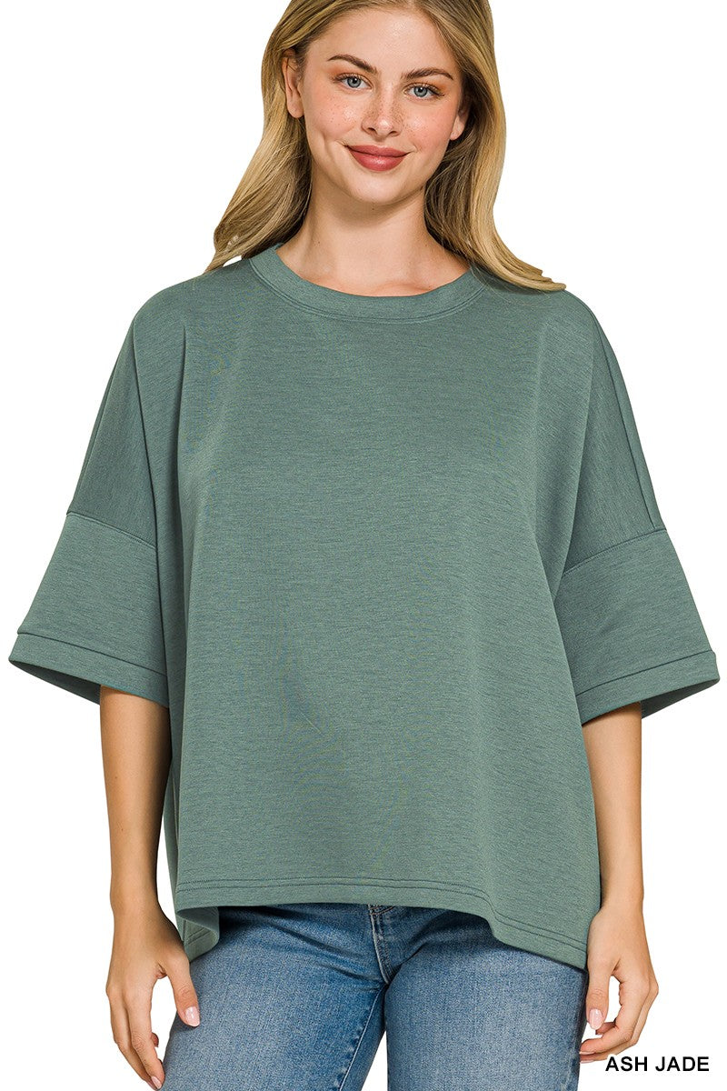 ASH JADE Boxy scuba knit round neck top with side slits