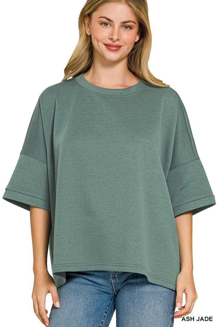 ASH JADE Boxy scuba knit round neck top with side slits