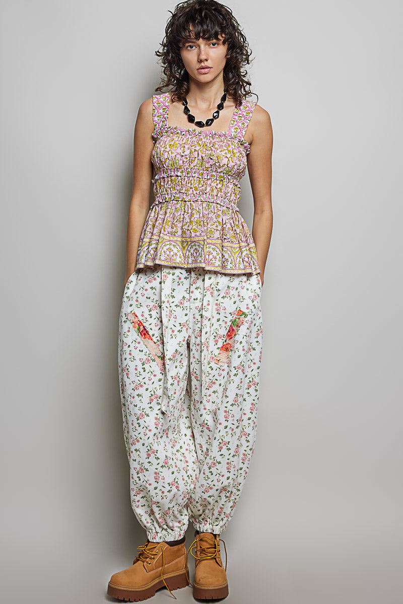 Smocked floral square-neck peplum tank with ruffle trim