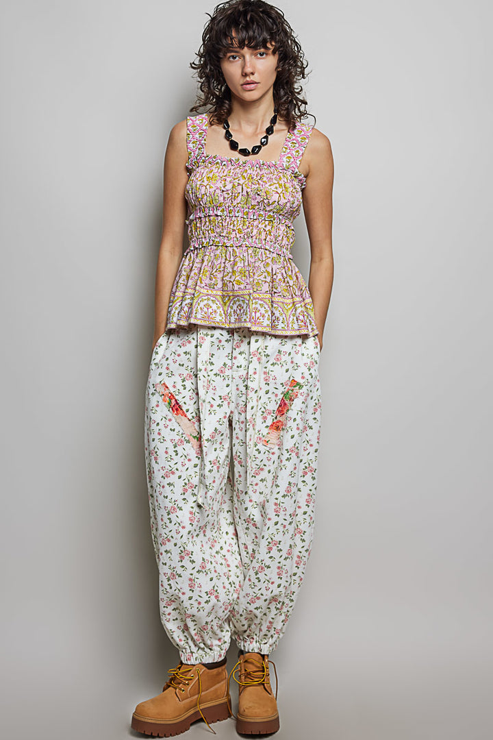 Smocked floral square-neck peplum tank with ruffle trim