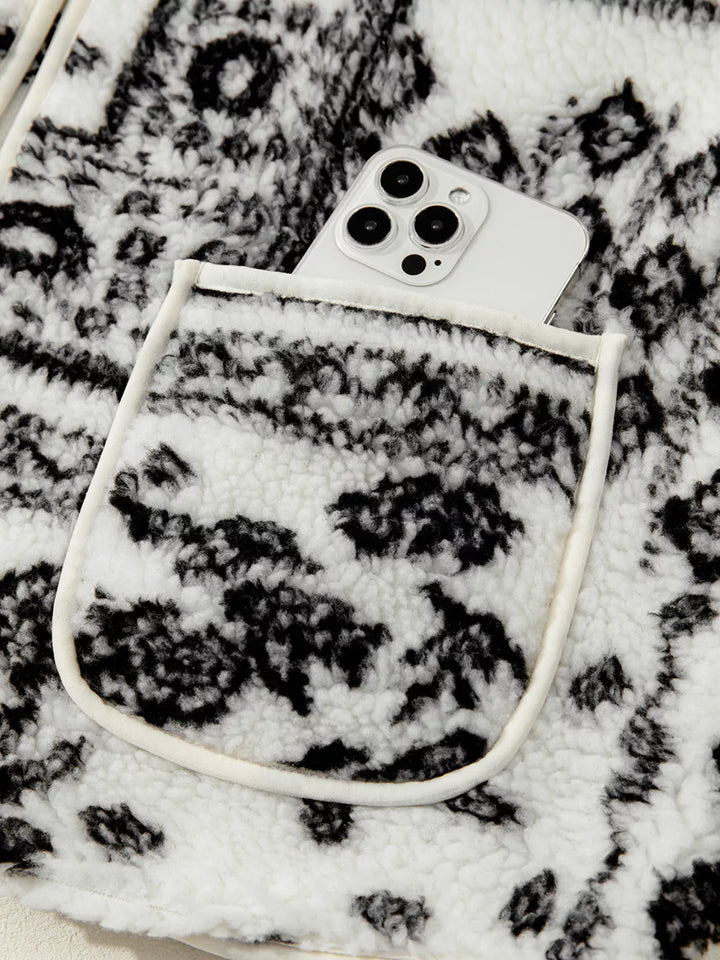 Open-front sherpa vest with paisley print and patch pockets