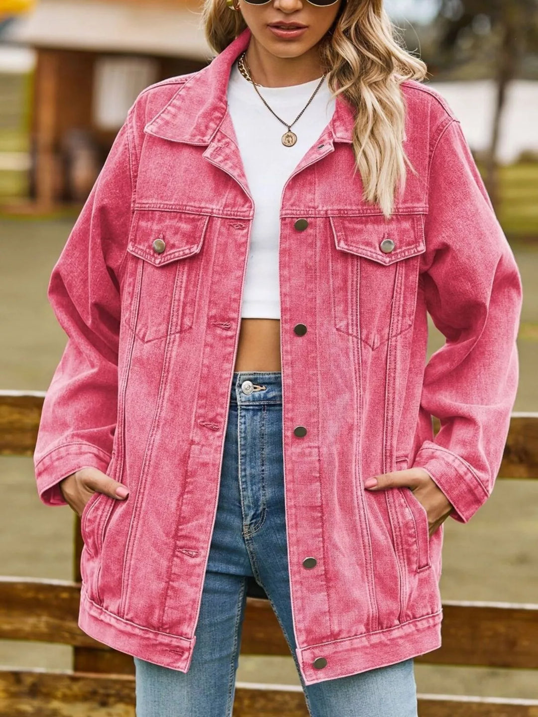 Hot Pink Oversized washed denim jacket with flap pockets