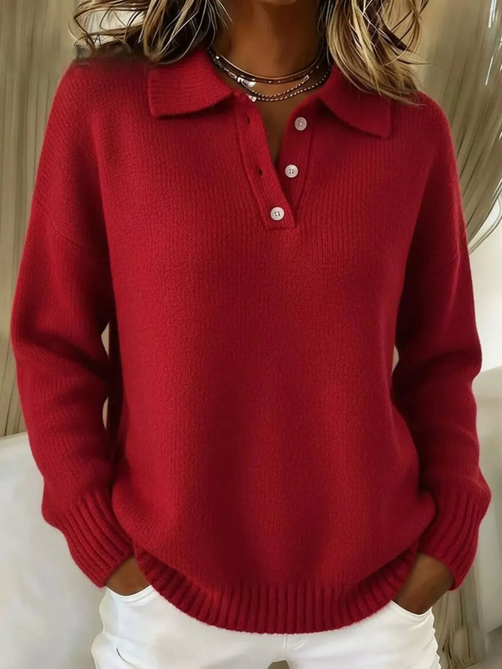 Red Half-button collar drop-shoulder pullover sweater