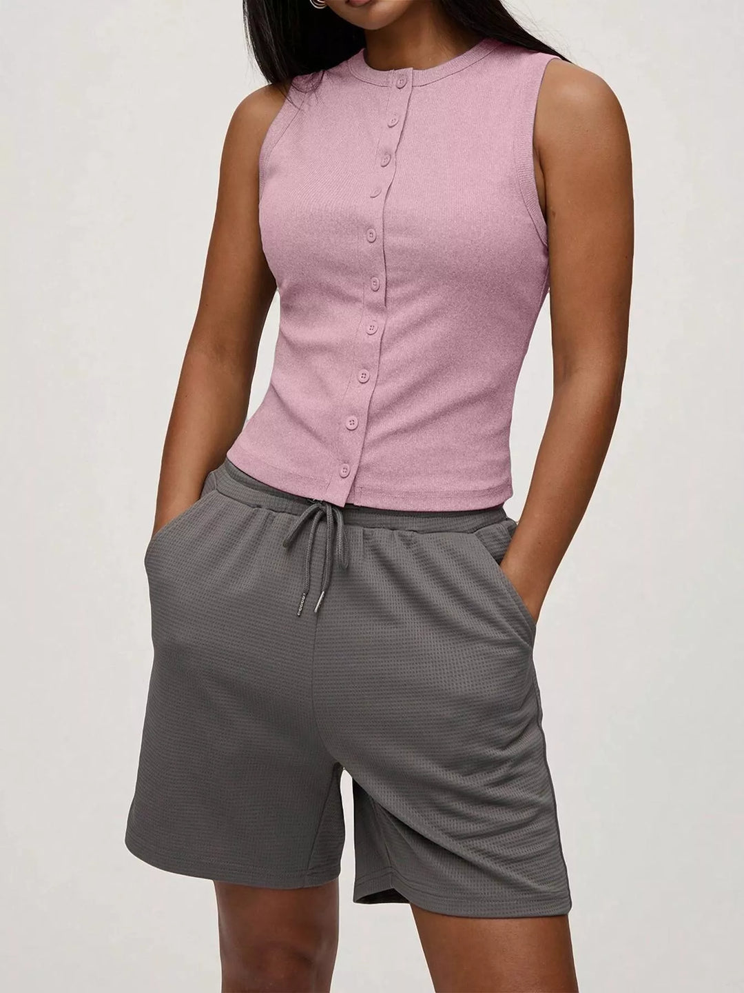 Ribbed mock-neck button-front sleeveless tank