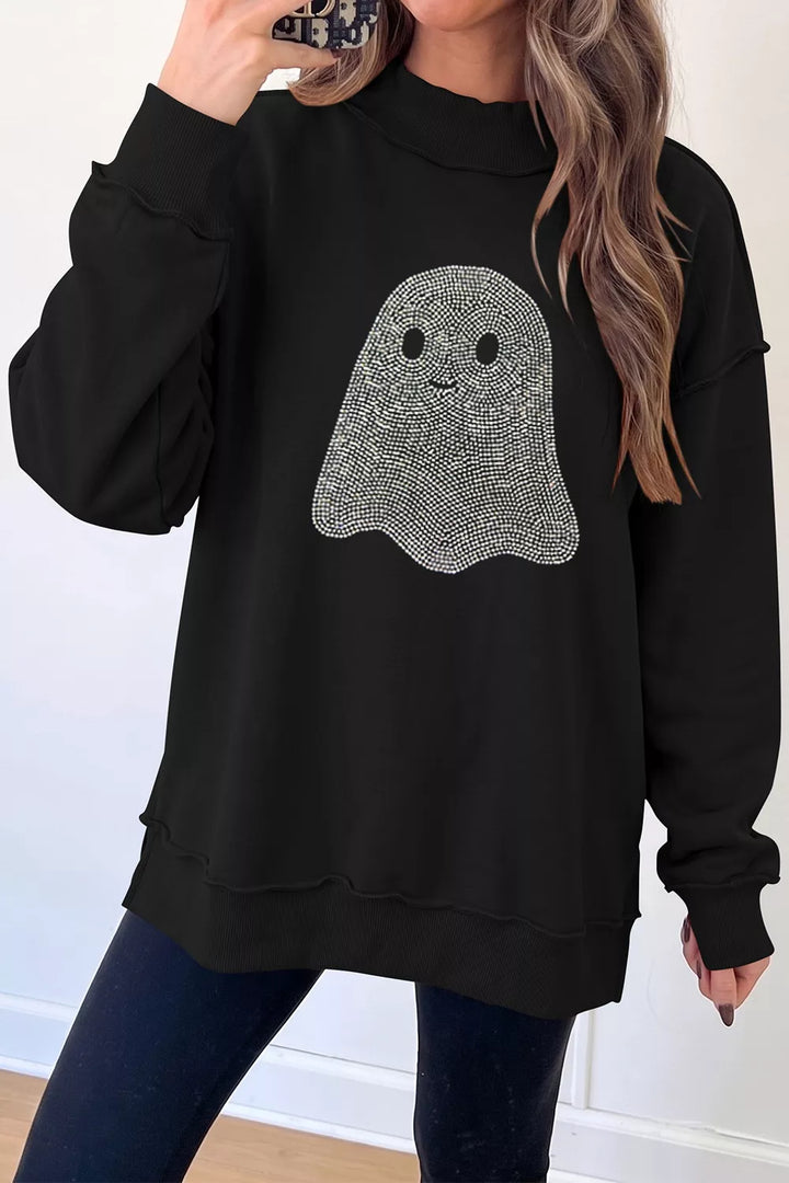 Rhinestone ghost mock neck exposed seam sweatshirt