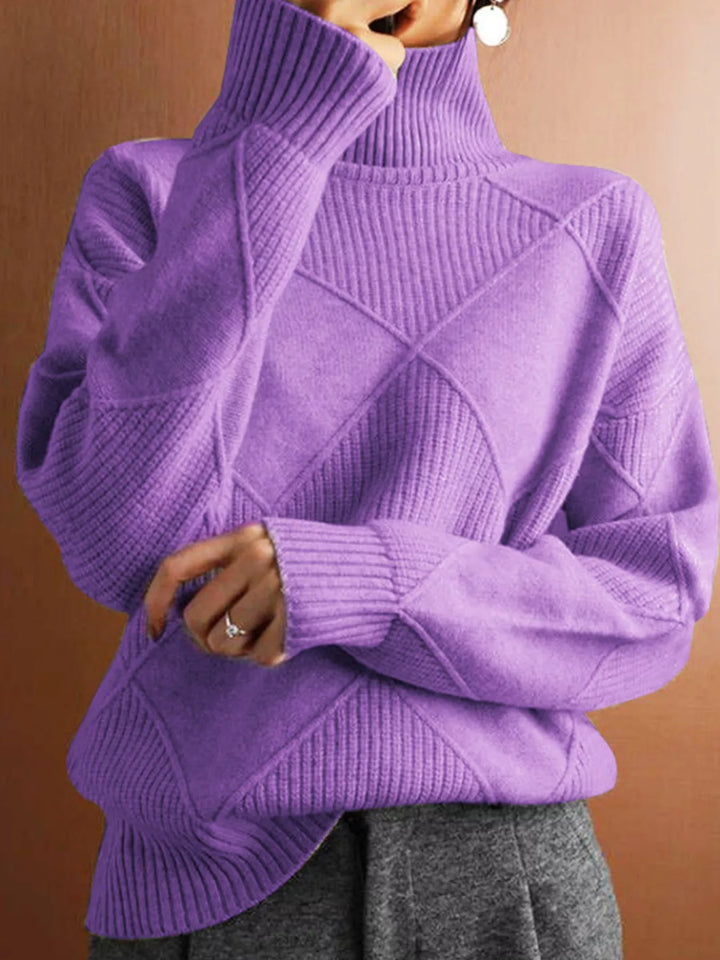 Purple Textured argyle knit turtleneck sweater with ribbed cuffs
