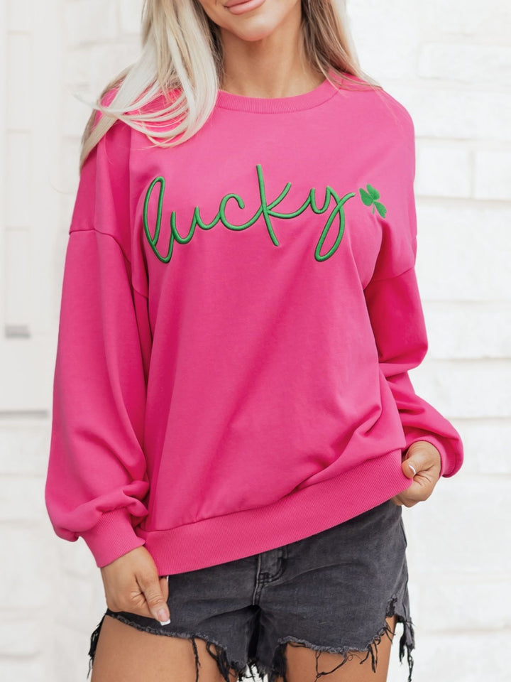 Embroidered lucky clover crewneck pullover sweatshirt