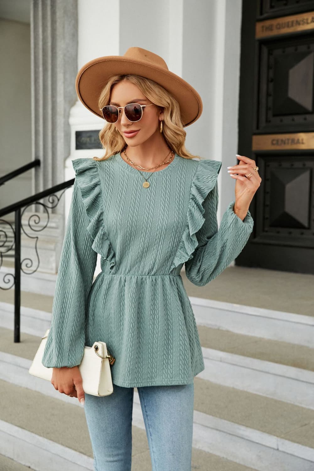 Sage Ruffle-shoulder textured peplum blouse with round neck