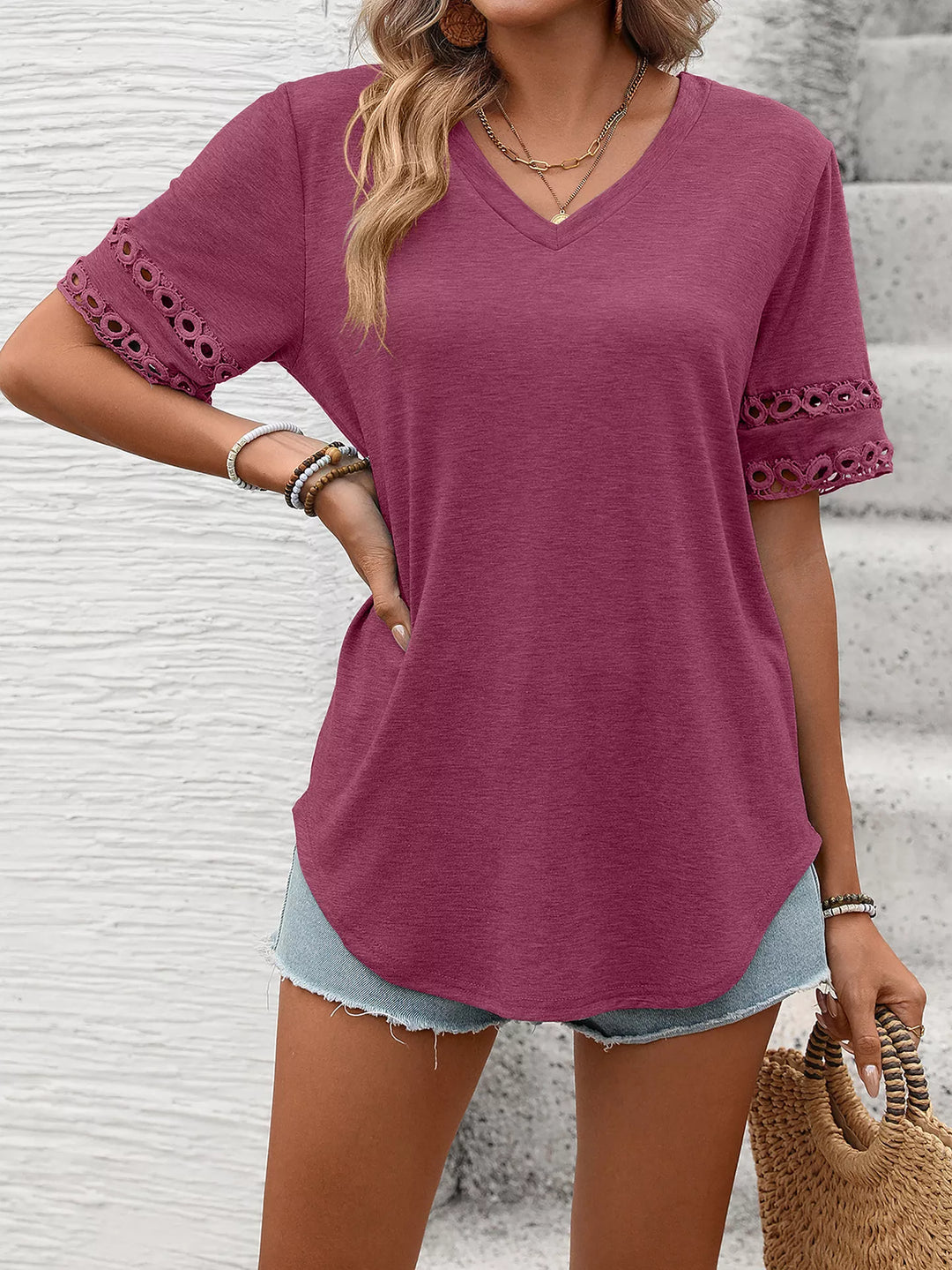 V-neck tee with crochet lace cutout sleeves