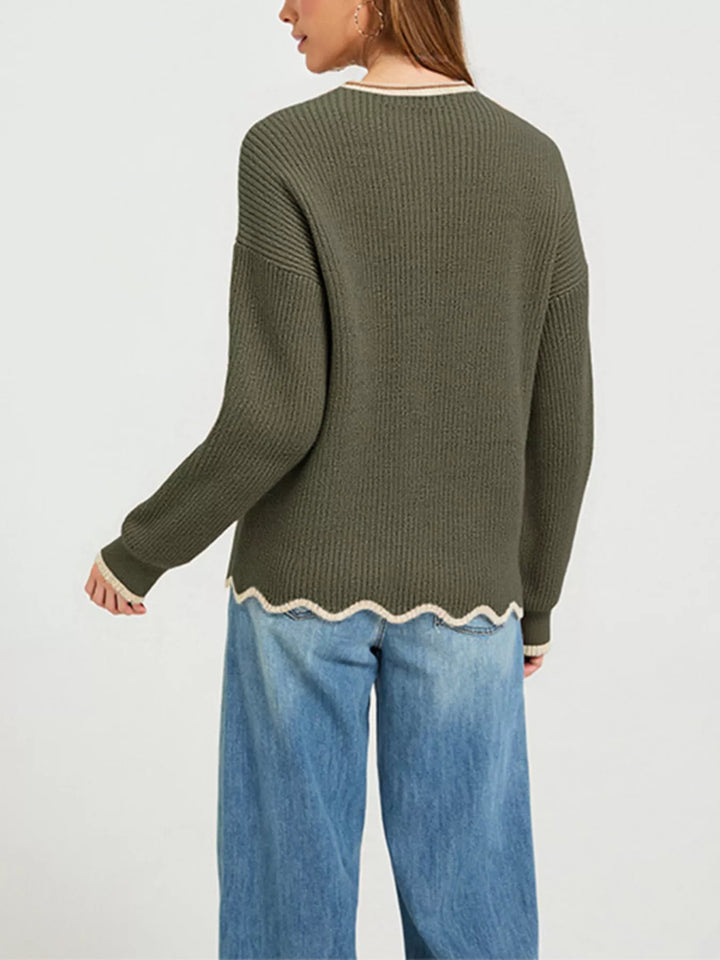 Scalloped hem ribbed knit sweater with contrast trim